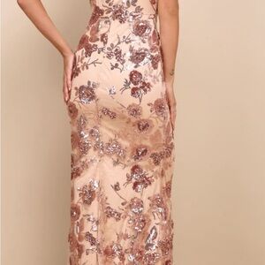 formal prom woman's dress-v-neck with sequin flower. floor length. zip up back